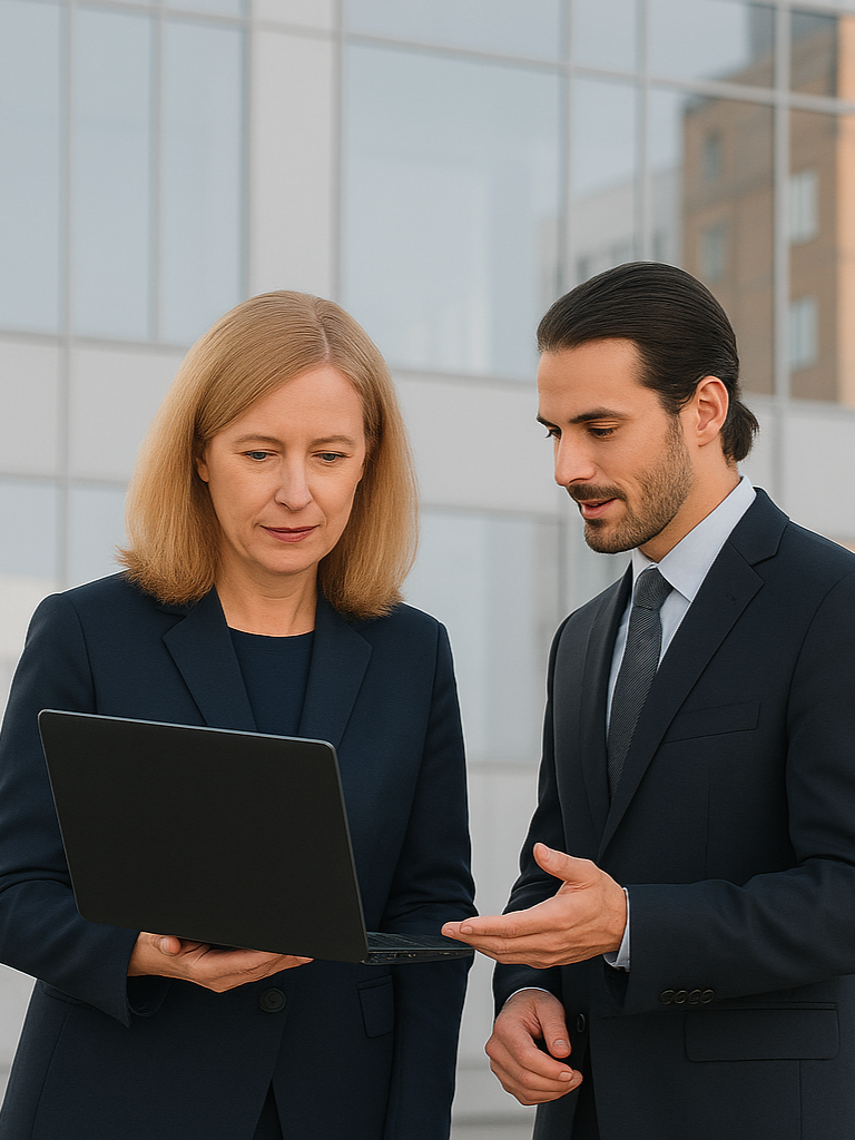 Woman with laptop and man discussing - 3x4