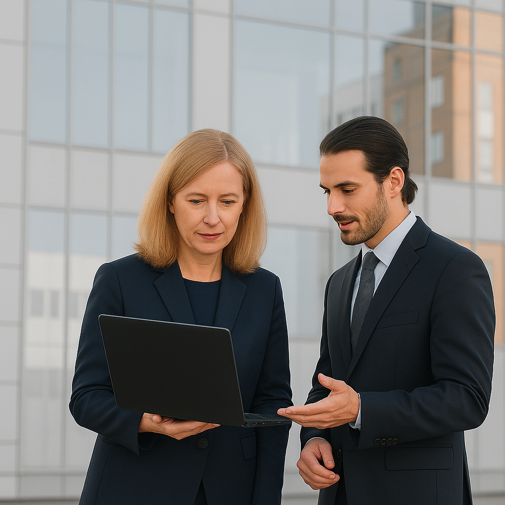 Woman with laptop and man disucssing